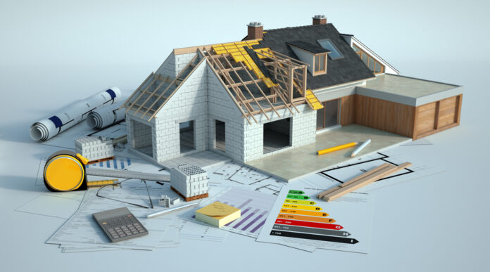 3D-Darstellung eines Hauses, das einer Verstärkung des Daches unterzogen wird.