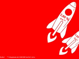 Jetzt können Sie beim Sparen von höheren Zinsen profitieren Zwei Raketen Piktogramme auf rotem Untergrund.