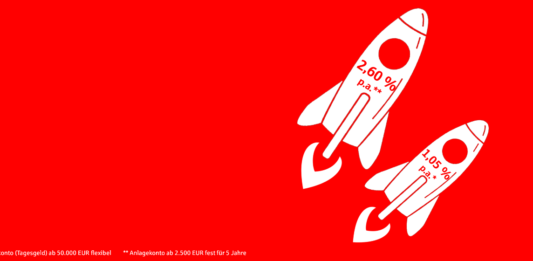 Jetzt können Sie beim Sparen von höheren Zinsen profitieren Zwei Raketen Piktogramme auf rotem Untergrund.