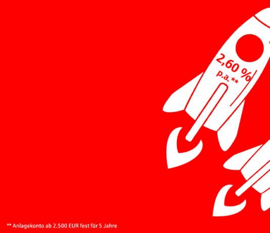 Jetzt können Sie beim Sparen von höheren Zinsen profitieren Zwei Raketen Piktogramme auf rotem Untergrund.