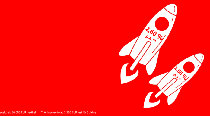 Jetzt können Sie beim Sparen von höheren Zinsen profitieren Zwei Raketen Piktogramme auf rotem Untergrund.