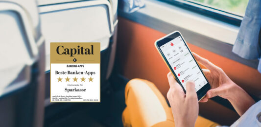 Sparkassen-App erneut ausgezeichnet Smartphone mit Sparkassen-App und Capital Auszeichnung