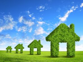 Deka Immobilien setzt auf neueste Technik zur Reduktion von CO₂-Emissionen Grüne Häuser aus Laub, Ilustration