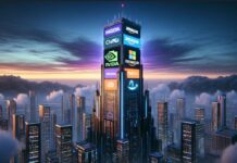 Die Zukunft der Geldanlage mit Fondssparplänen in der KI-Ära Futuristische Skyline mit Fantasie-Logos