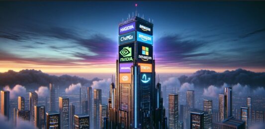 Die Zukunft der Geldanlage mit Fondssparplänen in der KI-Ära Futuristische Skyline mit Fantasie-Logos