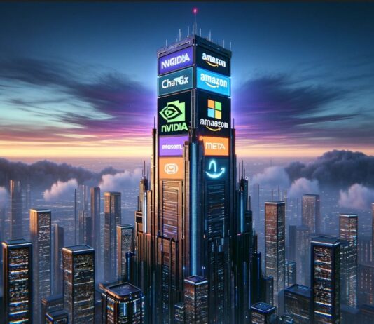 Die Zukunft der Geldanlage mit Fondssparplänen in der KI-Ära Futuristische Skyline mit Fantasie-Logos