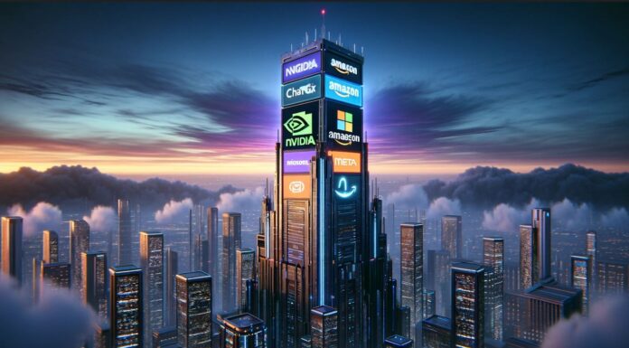 Die Zukunft der Geldanlage mit Fondssparplänen in der KI-Ära Futuristische Skyline mit Fantasie-Logos