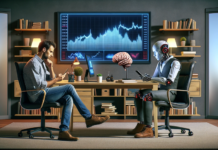 Digitale Vermögensverwaltung oder doch ein klassisches Wertpapierdepot? Mann und Roboter sitzen gegenüber und denken mit Blick auf ihr Handy nach