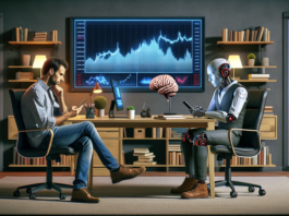 Digitale Vermögensverwaltung oder doch ein klassisches Wertpapierdepot? Mann und Roboter sitzen gegenüber und denken mit Blick auf ihr Handy nach