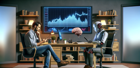 Digitale Vermögensverwaltung oder doch ein klassisches Wertpapierdepot? Mann und Roboter sitzen gegenüber und denken mit Blick auf ihr Handy nach