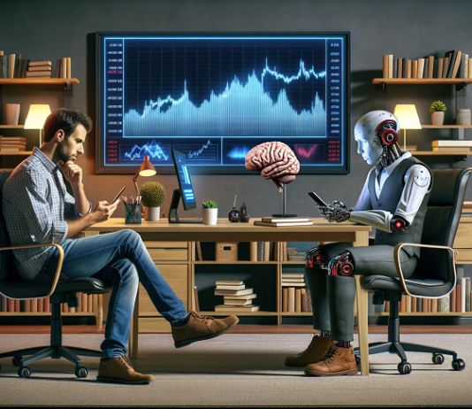 Digitale Vermögensverwaltung oder doch ein klassisches Wertpapierdepot? Mann und Roboter sitzen gegenüber und denken mit Blick auf ihr Handy nach