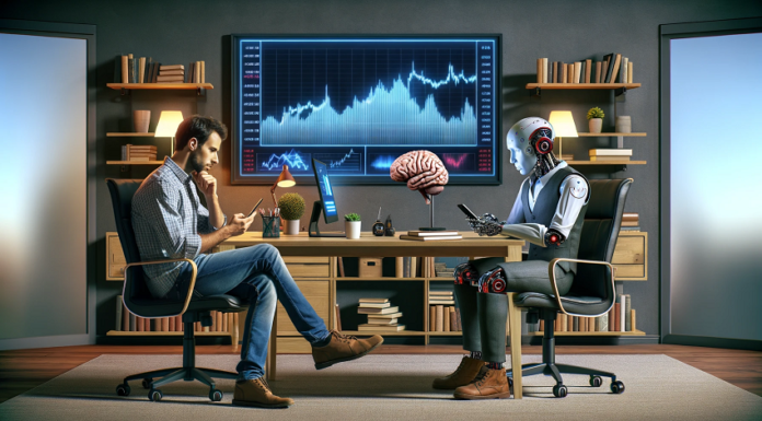 Digitale Vermögensverwaltung oder doch ein klassisches Wertpapierdepot? Mann und Roboter sitzen gegenüber und denken mit Blick auf ihr Handy nach