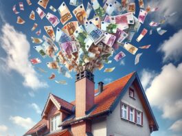 Neue Heizungsförderung ab jetzt verfügbar Aus dem Schornstein eines Wohnhauses fliegen Euroscheine.