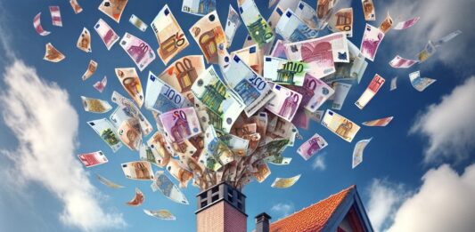 Neue Heizungsförderung ab jetzt verfügbar Aus dem Schornstein eines Wohnhauses fliegen Euroscheine.