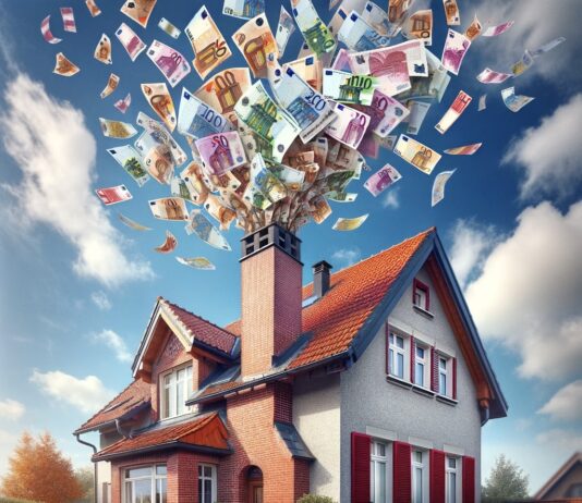 Neue Heizungsförderung ab jetzt verfügbar Aus dem Schornstein eines Wohnhauses fliegen Euroscheine.