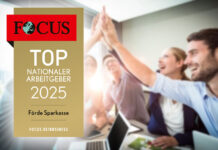 Förde Sparkasse ist „Top-Arbeitgeberin National 2025“ Kollegen sitzen an einem Tisch und geben sich ein High Five.