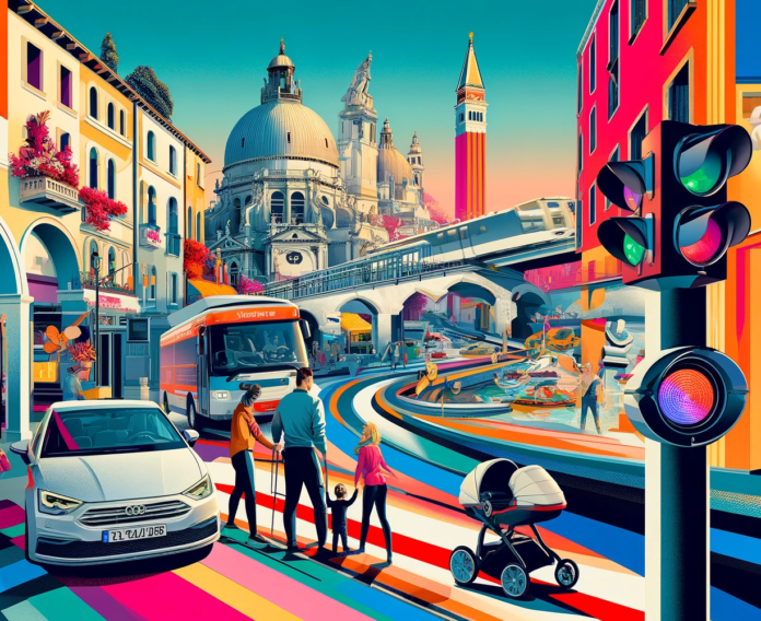 Eine Bildcollage aus Autos, Bus und Bahn, vorne eine Familie mit Kinderwagen, im Hintergrund Venedig.