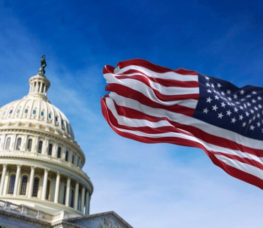 Trump oder Harris? – Die US-Wahl und ihre Folgen für die Welt US Capitol und US Nationalfahne