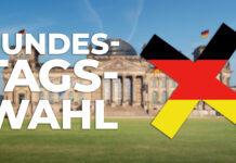 FAQ – Bundestagswahl 2025 Deutscher Bundestag Fronansicht mit blauem Himmel. Dazu der Schriftzug: Bundestagswahl mit einem Wahlkreuz in den Farben schwarz-rot-gold.