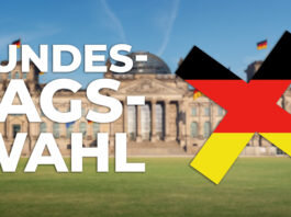 FAQ – Bundestagswahl 2025 Deutscher Bundestag Fronansicht mit blauem Himmel. Dazu der Schriftzug: Bundestagswahl mit einem Wahlkreuz in den Farben schwarz-rot-gold.