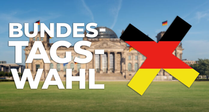 Deutscher Bundestag Fronansicht mit blauem Himmel. Dazu der Schriftzug: Bundestagswahl mit einem Wahlkreuz in den Farben schwarz-rot-gold.