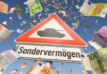 Sondervermögen – Was sich dahinter verbirgt Vom blauen Himmel regnen Euroscheine herab, in der Mitte steht ein Verkehrsschild mit einer Panzer Illustration, darunter steht: Sondervermögen