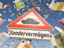 Sondervermögen – Was sich dahinter verbirgt Vom blauen Himmel regnen Euroscheine herab, in der Mitte steht ein Verkehrsschild mit einer Panzer Illustration, darunter steht: Sondervermögen