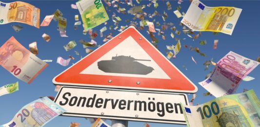 Sondervermögen – Was sich dahinter verbirgt Vom blauen Himmel regnen Euroscheine herab, in der Mitte steht ein Verkehrsschild mit einer Panzer Illustration, darunter steht: Sondervermögen