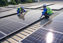 Photovoltaik für Unternehmen: Ein Schritt in Richtung nachhaltige Zukunft Zwei Arbeiter installieren eine Solarzelle auf einem Dach.