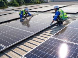 Photovoltaik für Unternehmen: Ein Schritt in Richtung nachhaltige Zukunft Zwei Arbeiter installieren eine Solarzelle auf einem Dach.