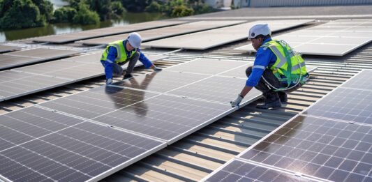 Photovoltaik für Unternehmen: Ein Schritt in Richtung nachhaltige Zukunft Zwei Arbeiter installieren eine Solarzelle auf einem Dach.