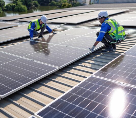 Photovoltaik für Unternehmen: Ein Schritt in Richtung nachhaltige Zukunft Zwei Arbeiter installieren eine Solarzelle auf einem Dach.