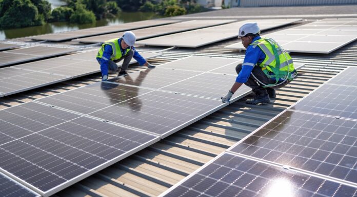 Photovoltaik für Unternehmen: Ein Schritt in Richtung nachhaltige Zukunft Zwei Arbeiter installieren eine Solarzelle auf einem Dach.