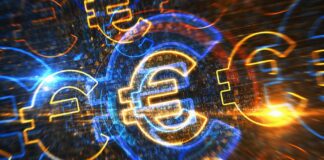 Digitaler Euro: Was er bedeutet – und was er Ihnen (nicht) bringt Euro Symbol als digitales Konzept. Netzwerk-, Cyber-Technologie-Zeichen und Computer-Hintergrund als abstrakte 3D-Illustration.