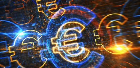 Digitaler Euro: Was er bedeutet – und was er Ihnen (nicht) bringt Euro Symbol als digitales Konzept. Netzwerk-, Cyber-Technologie-Zeichen und Computer-Hintergrund als abstrakte 3D-Illustration.