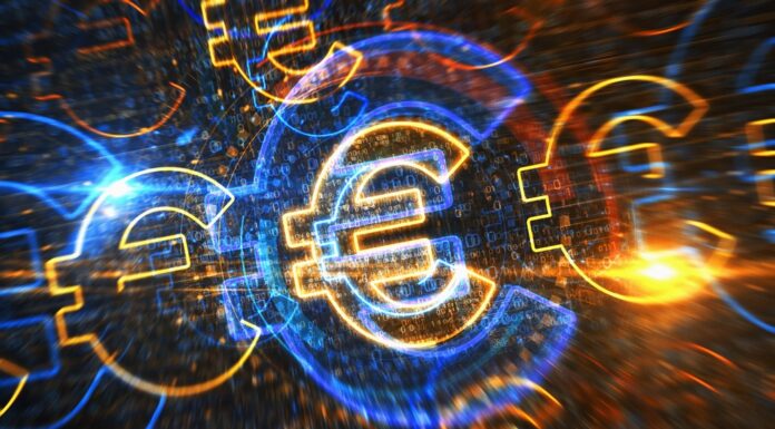 Digitaler Euro: Was er bedeutet – und was er Ihnen (nicht) bringt Euro Symbol als digitales Konzept. Netzwerk-, Cyber-Technologie-Zeichen und Computer-Hintergrund als abstrakte 3D-Illustration.