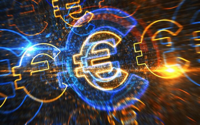 Euro Symbol als digitales Konzept. Netzwerk-, Cyber-Technologie-Zeichen und Computer-Hintergrund als abstrakte 3D-Illustration.