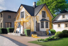 Modernisierungsrechner: Kosten berechnen und Förderungen nutzen Ein weißes Einfamilienhaus wird von einer Frau und einem Mann mit goldener Folie verkleidet. Vorn am Haus lehnt eine weiße Leiter.