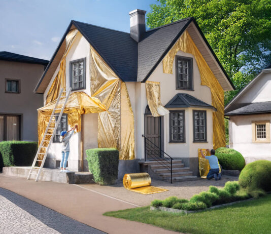 Modernisierungsrechner: Kosten berechnen und Förderungen nutzen Ein weißes Einfamilienhaus wird von einer Frau und einem Mann mit goldener Folie verkleidet. Vorn am Haus lehnt eine weiße Leiter.