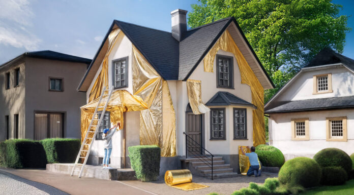 Modernisierungsrechner: Kosten berechnen und Förderungen nutzen Ein weißes Einfamilienhaus wird von einer Frau und einem Mann mit goldener Folie verkleidet. Vorn am Haus lehnt eine weiße Leiter.