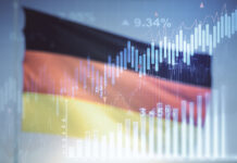 Bundesregierung und KfW starten Deutschlandfonds Doppelter Einsatz virtueller kreativer Finanzdiagramme auf der Flagge Deutschlands und blauer Hintergrund, Bank- und Rechnungslegungskonzept