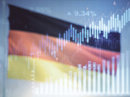 Bundesregierung und KfW starten Deutschlandfonds Doppelter Einsatz virtueller kreativer Finanzdiagramme auf der Flagge Deutschlands und blauer Hintergrund, Bank- und Rechnungslegungskonzept