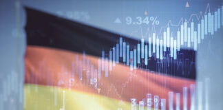 Bundesregierung und KfW starten Deutschlandfonds Doppelter Einsatz virtueller kreativer Finanzdiagramme auf der Flagge Deutschlands und blauer Hintergrund, Bank- und Rechnungslegungskonzept