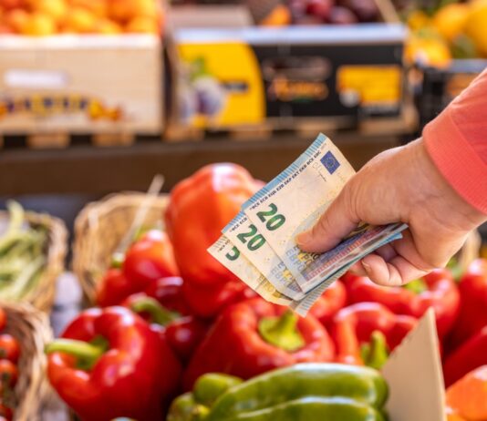 Steigende Lebensmittelpreise: Warum Einkaufen teurer wird – und was das für unseren Alltag bedeutet Gemüse im Supermarkt. davor wird eine Hand gehalten, in der sich zwei 20-Euro-Scheine und ein 5-Euro-Schein befinden.