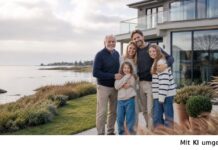 Vermietung an Angehörige Junge Familie mit Großvater vor dem eigenen Haus am Meer
