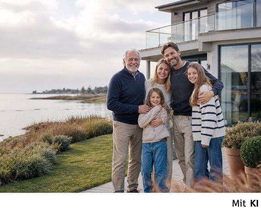 Vermietung an Angehörige Junge Familie mit Großvater vor dem eigenen Haus am Meer