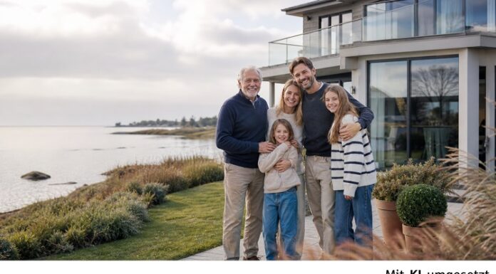 Vermietung an Angehörige Junge Familie mit Großvater vor dem eigenen Haus am Meer