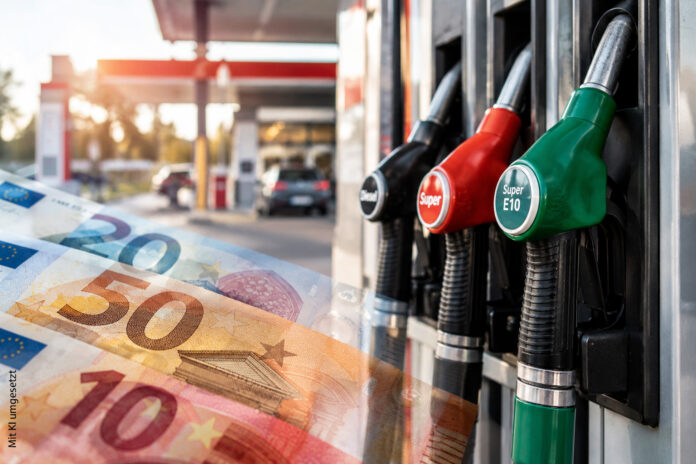 Zapfsäulen an einer Tankstelle, im Vordergrund sind transparente Euroscheine zu sehen. KI generiertes Bild.